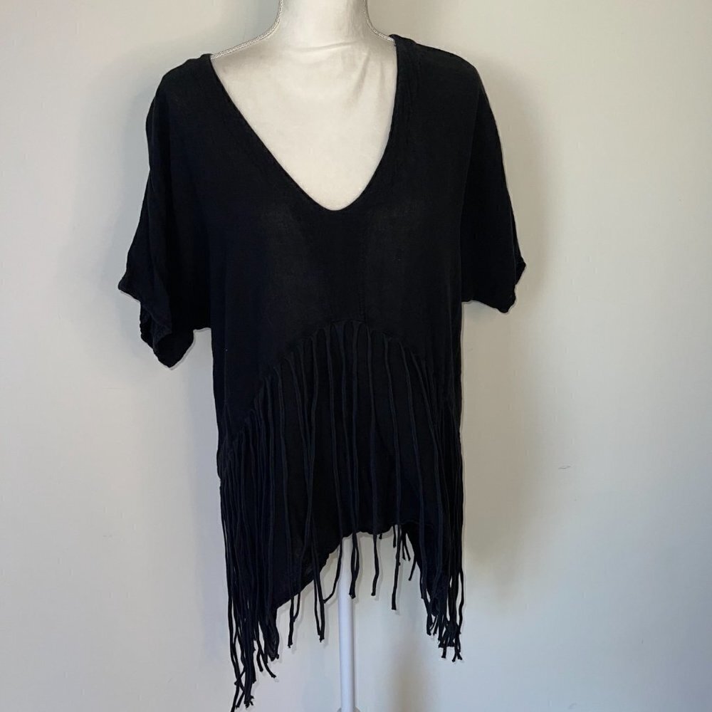 Abaca’ Tunic Womens Size 2 Black Vintage Cotton Fringe Cover Up Uneven Hemline - Picture 7 of 11